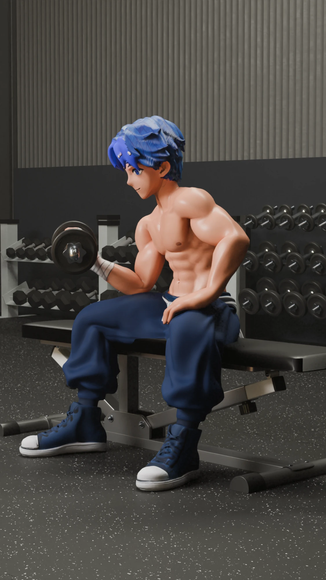 A blue-haired athlete doing a dumbbell curl on a gym bench